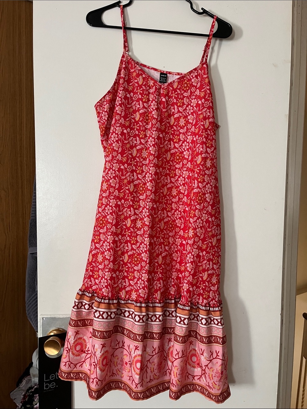 SHEIN Pink Floral Midi Dress with Patterned Hem